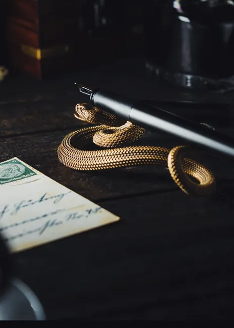 Close-up of a vintage desk featuring a snake paperweight, fountain pen, and a handwritten letter.