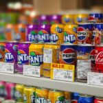 Prime Day octobre 2026 : comment trier les offres tech Colorful soda cans including Fanta, Pepsi, and Coca-Cola arranged on supermarket shelves, price tags visible.