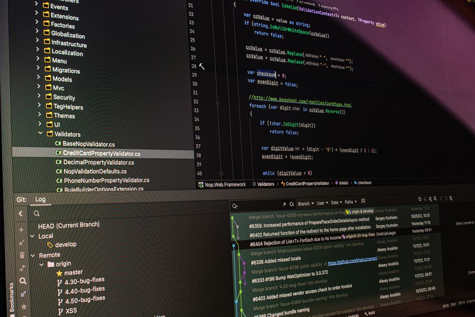 Close-up of software development tools displaying code and version control systems on a computer monitor.