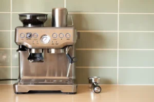Modern espresso machine with push buttons and gauge, blending technology and convenience in a stylish kitchen setting.